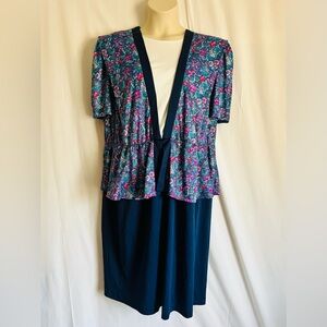Jenny Vintage 80’s Navy Blue Floral Puff Sleeves Peplum Dress